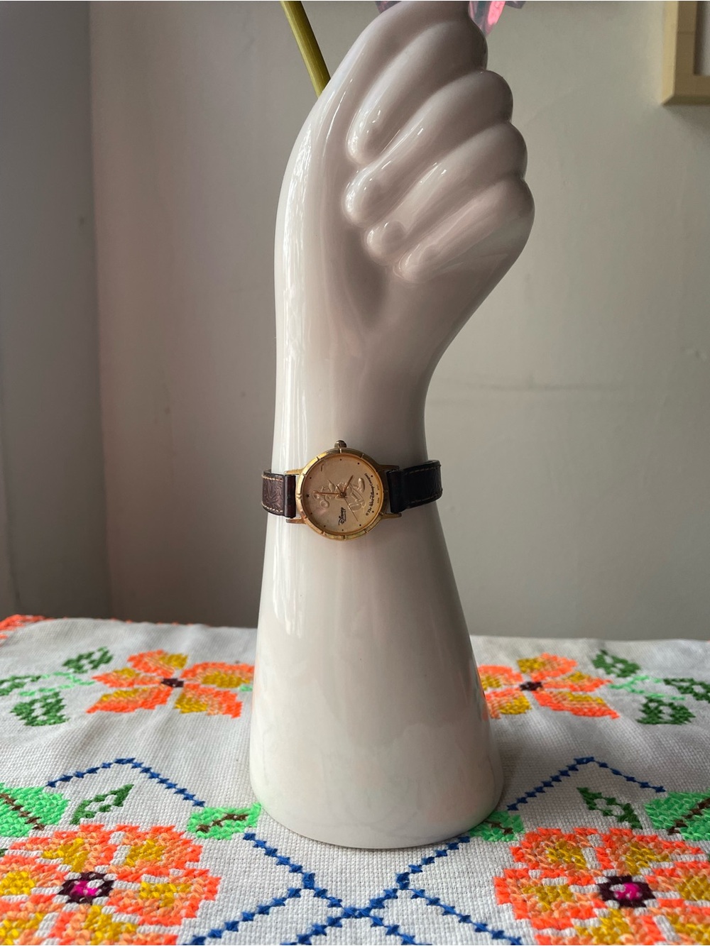 Vintage Disney Time Work Mickey Mouse Watch with Brown Floral Embossed Leather